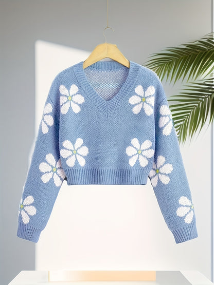 Antmvs Floral Jacquard Girls Drop Shoulder V-neck Knitted Sweater For Fall Winter