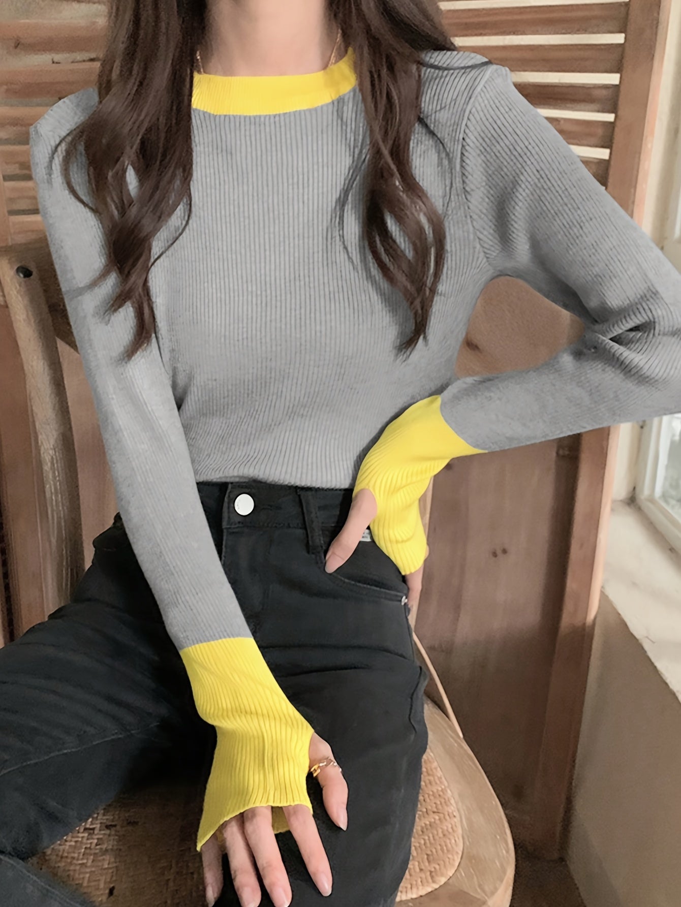 Antmvs Color Block Crew Neck Knitted Top, Casual Long Sleeve Slim Sweater, Women's Clothing