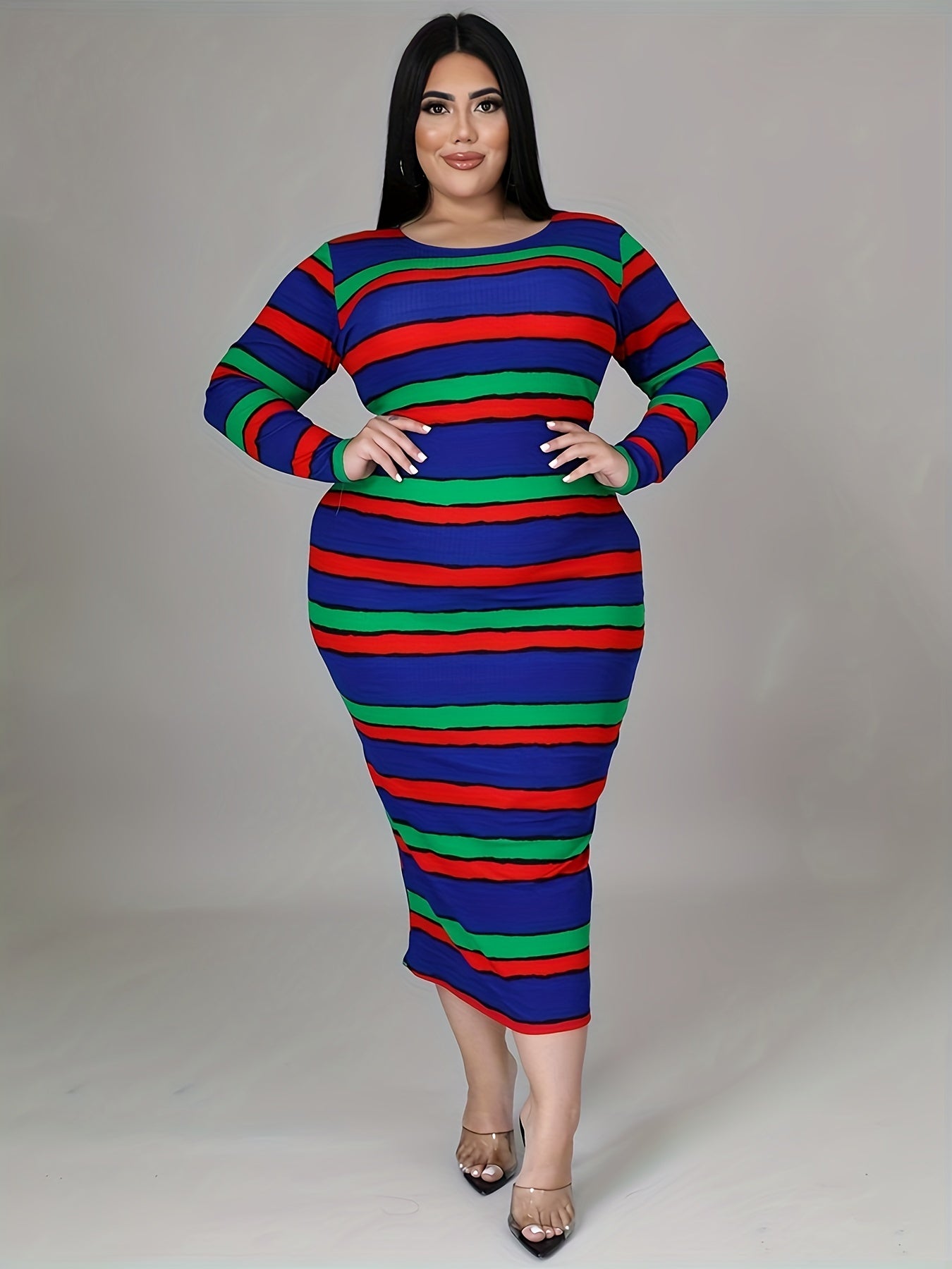 Antmvs Plus Size Casual Dress, Women's Plus Stripe Print Long Sleeve Round Neck Bodycon Midi Dress