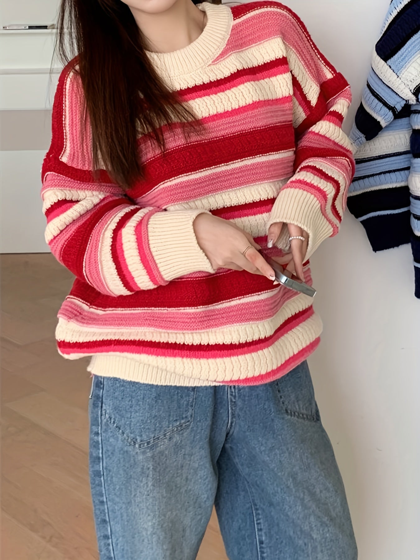 Antmvs Color Block Knitted Pullover Sweater, Casual Long Sleeve Sweater For Fall & Winter, Women's Clothing