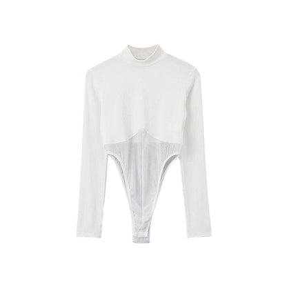 Antmvs Dena Solid Color Mesh See Through Panel Turtleneck Long Sleeve Slim Bodysuit Top