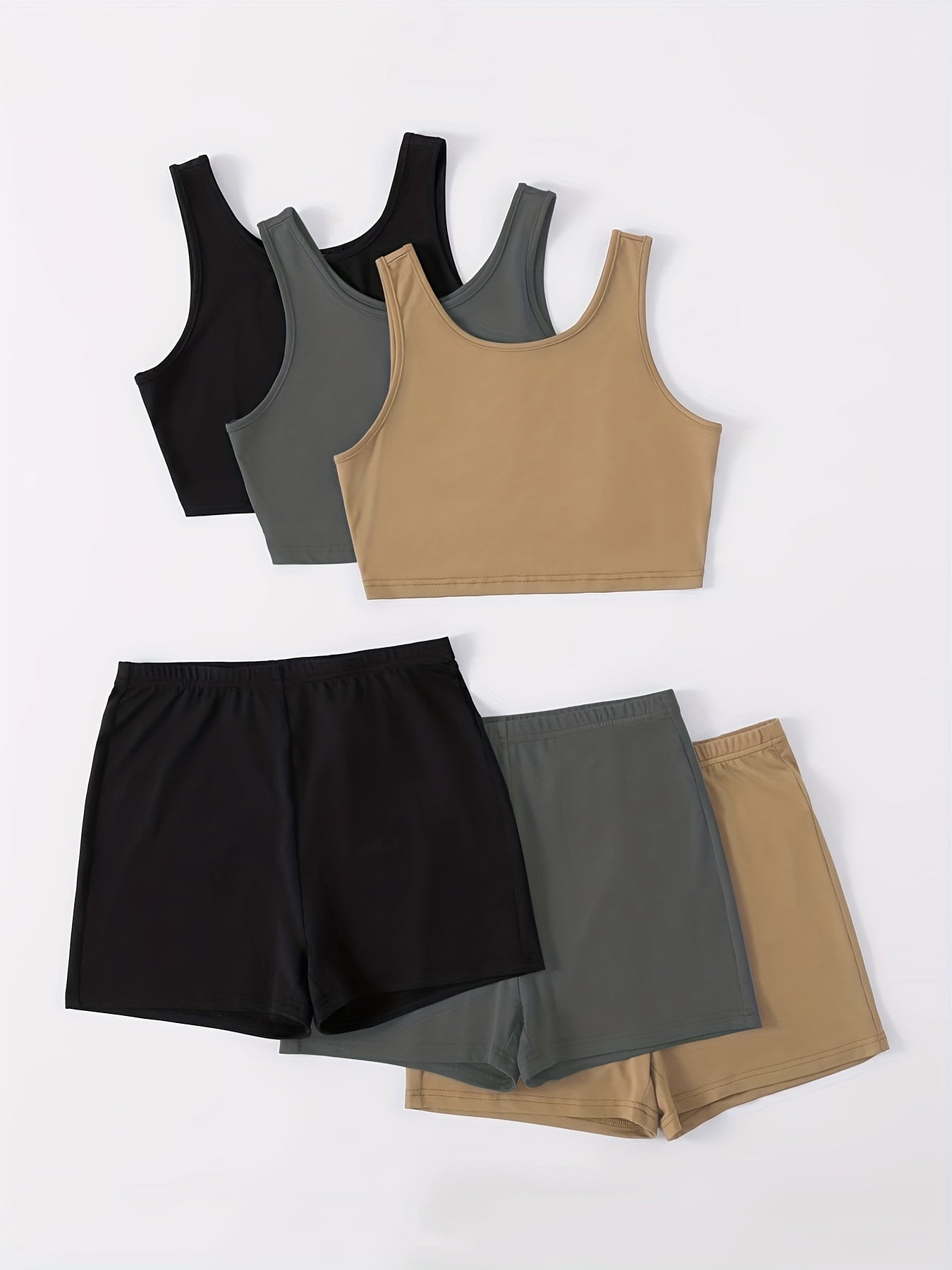 Antmvs 3sets Two-Piece Lounge Outfits, 3 Crop Tank Top + 3 Shorts, Matching Loungewear Sets, Women's Clothing