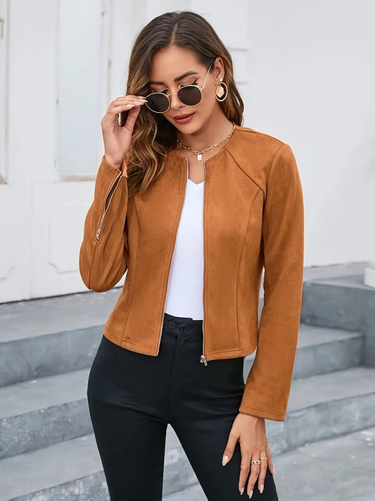 Antmvs Solid Color Zip-up Biker Jacket, Casual Long Sleeve Jacket, Women's Clothing