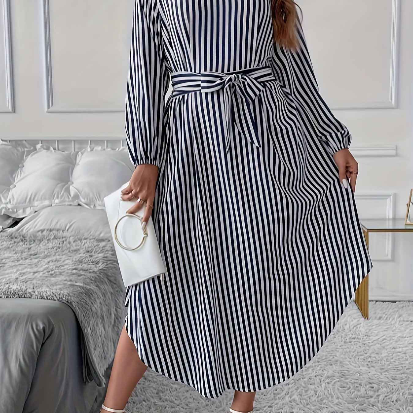 Antmvs Plus Size Casual Dress, Women's Plus Stripe Print Long Sleeve V Neck Round Hem Dress With Belt
