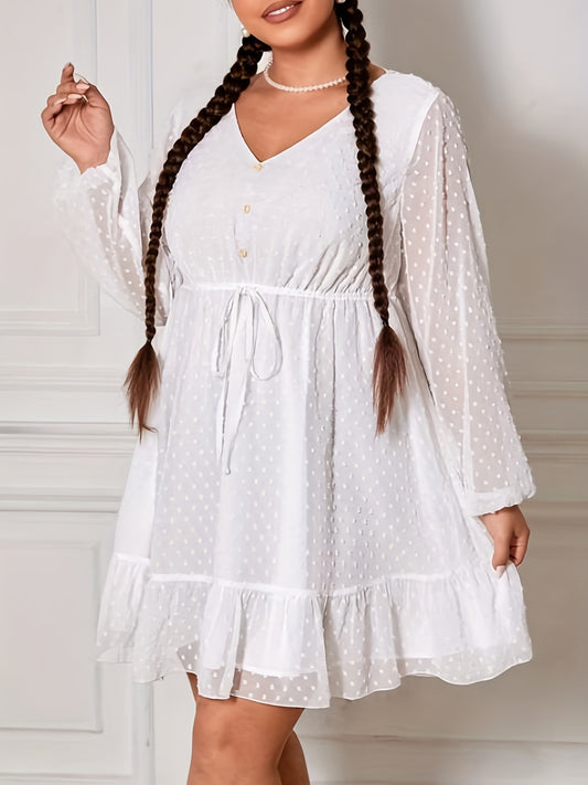 Antmvs Plus Size Romantic Dress, Women's Plus Swiss Dot Mesh Lantern Sleeve V Neck Ruffle Trim Drawstring Mini Dress