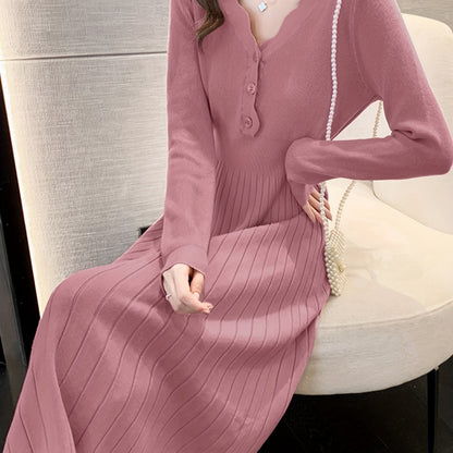 Antmvs Button Front V Neck Dress, Chic Solid Color Long Sleeve Pleat Dress, Women's Clothing