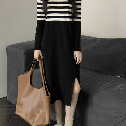 Antmvs Striped Pattern Split Hem Dress, Casual Long Sleeve Dress For Spring & Fall, Women's Clothing