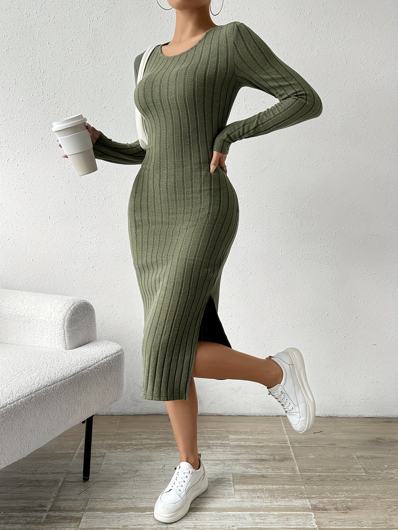 Antmvs Ribbed Solid Split Dress, Casual Crew Neck Long Sleeve Dress, Women's Clothing