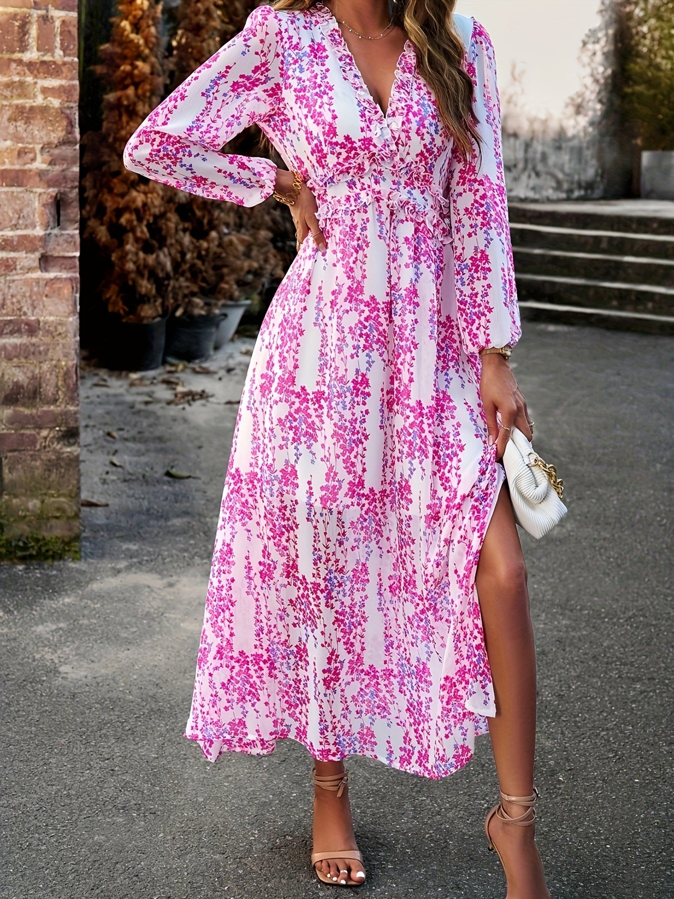 Antmvs Floral Print Maxi Dress, Casual V Neck Long Sleeve Dress, Women's Clothing