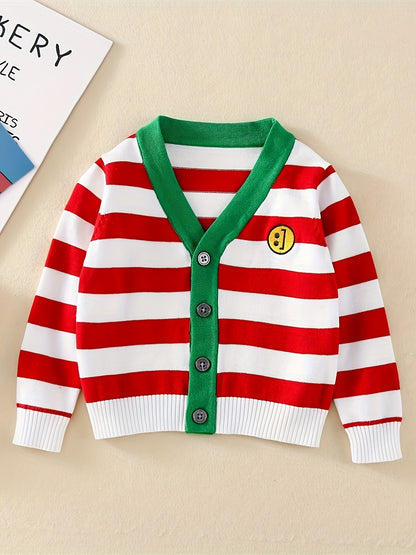 Toddler Girls Cotton 80% Knit Cardigan Sweater, Casual Striped Outerwear With Button Closure, Green & Red, V-Neck Jacket