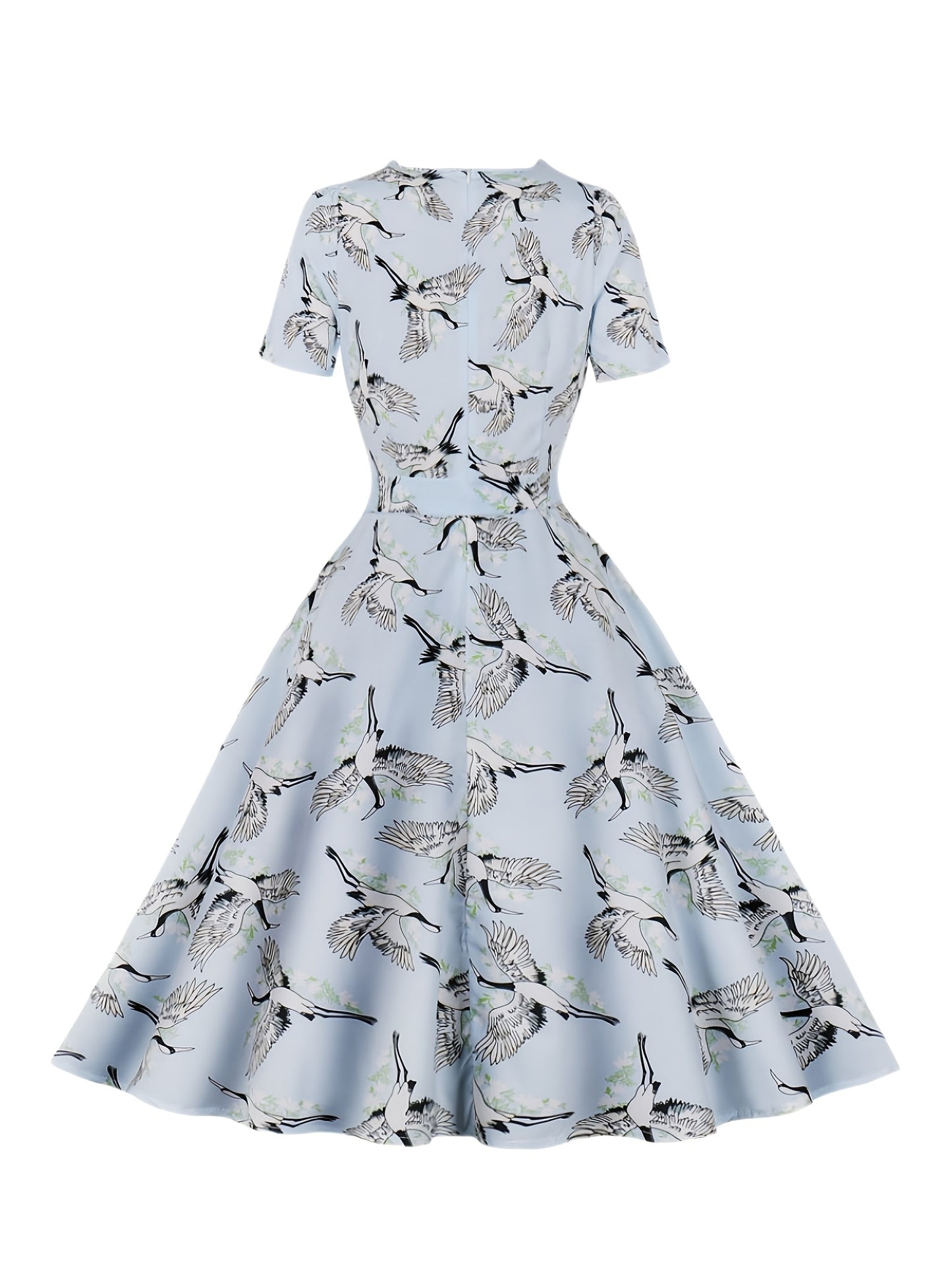 Antmvs Crane Print Tie Front Dress, Elegant Vintage Square Neck Short Sleeve Dress, Women's Clothing