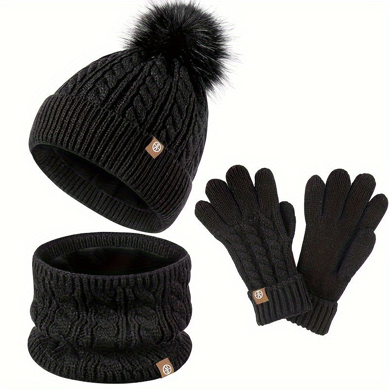 Teenager Hat, Scarf and Gloves Three-pcs Set Winter Thickened and Fleece-lined Warm Knitted Set