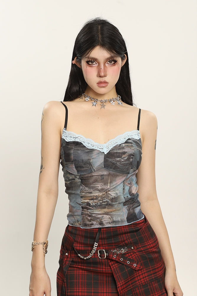 Antmvs Fiona Graphic Image Print Spaghetti Strap V-Neck Lace Patchwork Slim Camisole Top