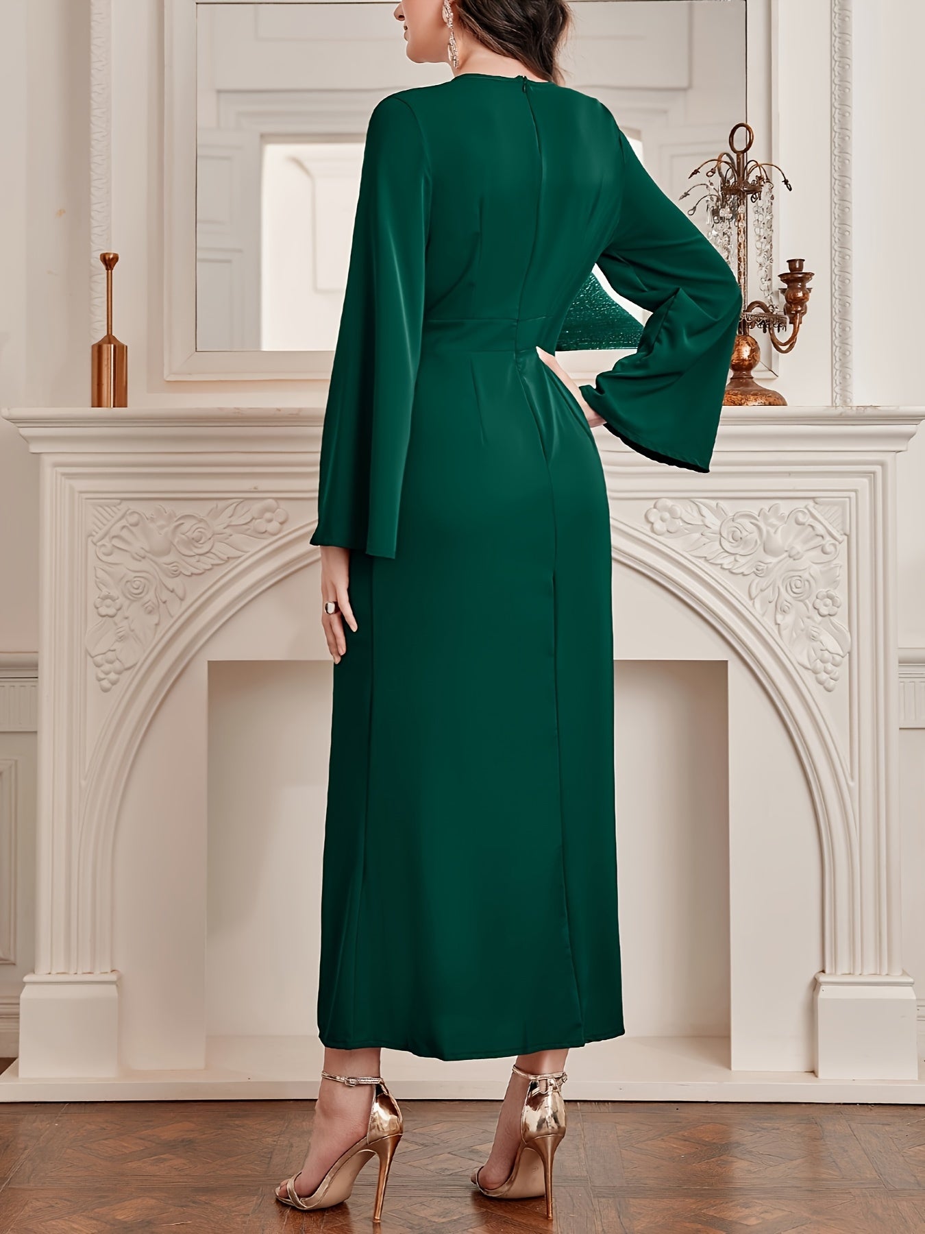 Antmvs Tucked Solid Maxi Dress, Elegant Long Sleeve Bodycon V Neck Dress, Women's Clothing