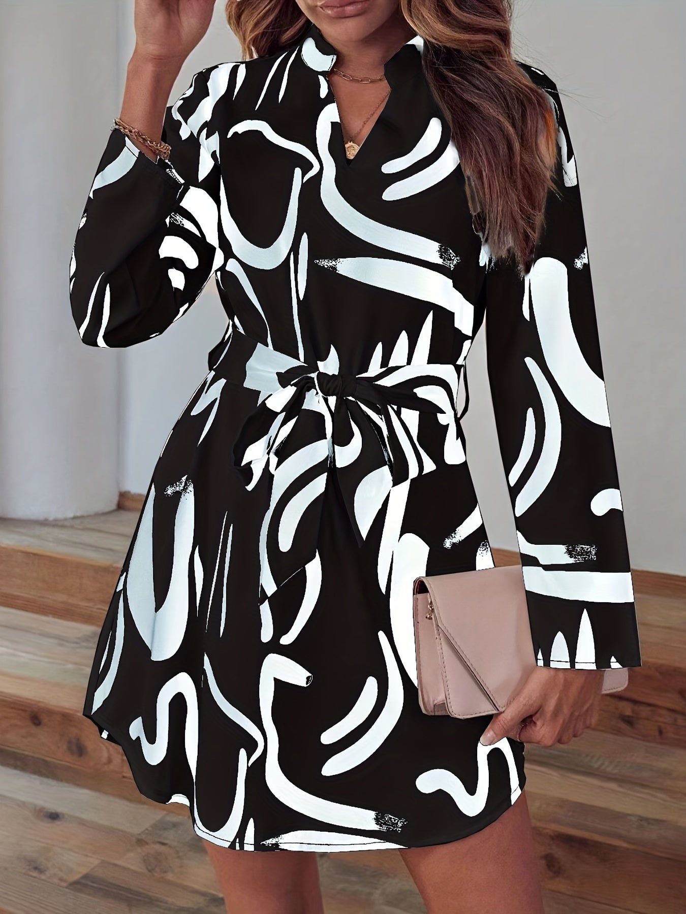 Antmvs Abstract Print V Neck Dress, Casual Long Sleeve Dress, Women's Clothing