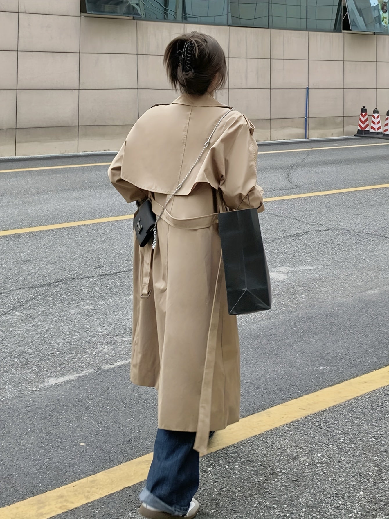 Antmvs Double Breasted Long Length Trench Coat, Casual Solid Long Sleeve Outerwear, Women's Clothing