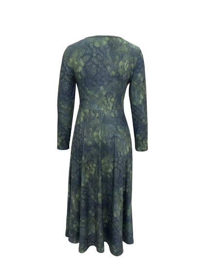 Antmvs Floral Print Crew Neck Dress, Elegant Long Sleeve Dress, Women's Clothing