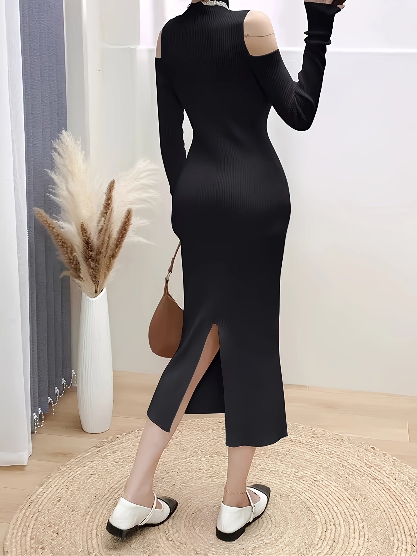 Antmvs Cold Shoulder Mock Neck Slim Dress, Chic Solid Long Sleeve Bodycon Spit Hem Dress, Women's Clothing