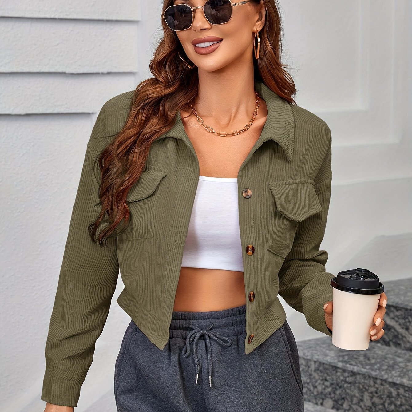 Antmvs Corduroy Button Front Jacket, Casual Long Sleeve Outwear For Fall & Winter, Women's Clothing