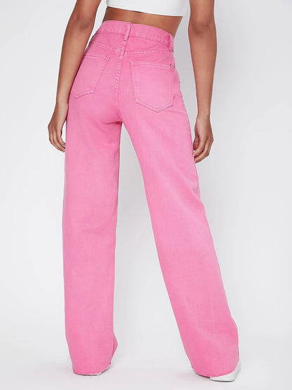 Antmvs Pink Raw Cut Straight Jeans, Loose Fit High Rise Slant Pockets Denim Pants, Women's Denim Jeans & Clothing