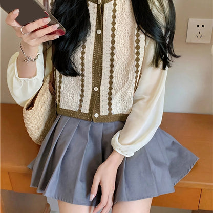 Antmvs Contrast Trim Button Front Blouse, Elegant Long Sleeve Blouse For Spring & Fall, Women's Clothing