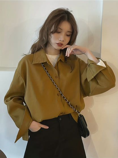 Antmvs Solid Polo Collar Button Blouse, Casual Long Sleeve Blouse For Spring & Fall, Women's Clothing