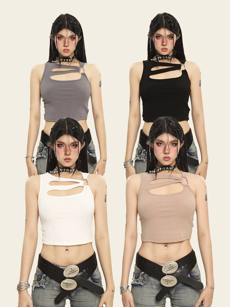 Antmvs Utah Solid Color Metal Ring Cutout Basic Slim Cropped Top