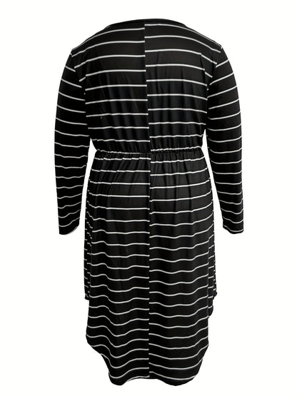 Antmvs Plus Size Elegant Dress, Women's Plus Striped Print Long Sleeve Round Neck Nipped Waist Asymmetric Hem Dress