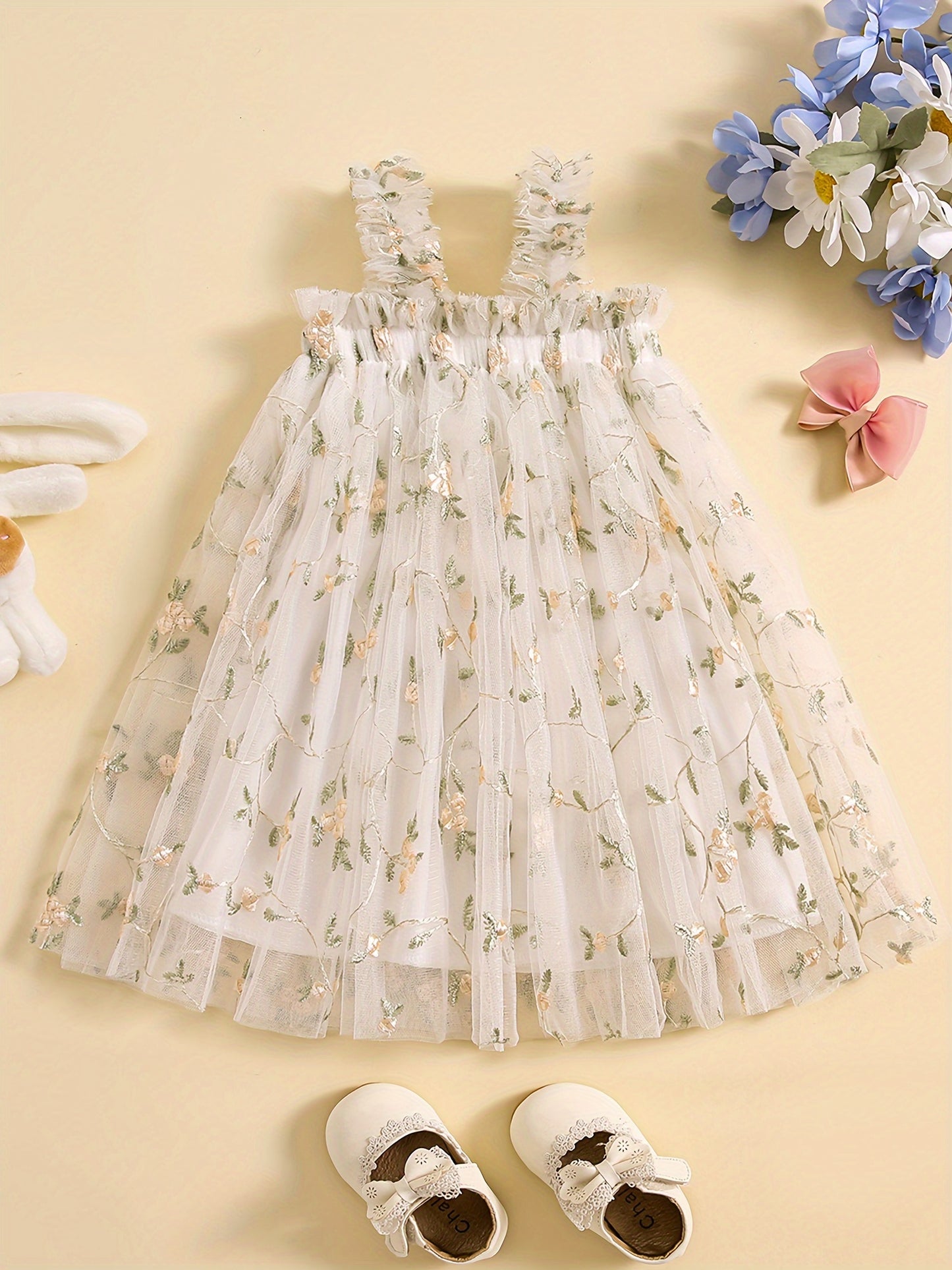 Baby's Elegant Flower Embroidered Mesh Sleeveless Tent Dress, Infant & Toddler Girl's Clothing For Summer Birthday Party, As Gift