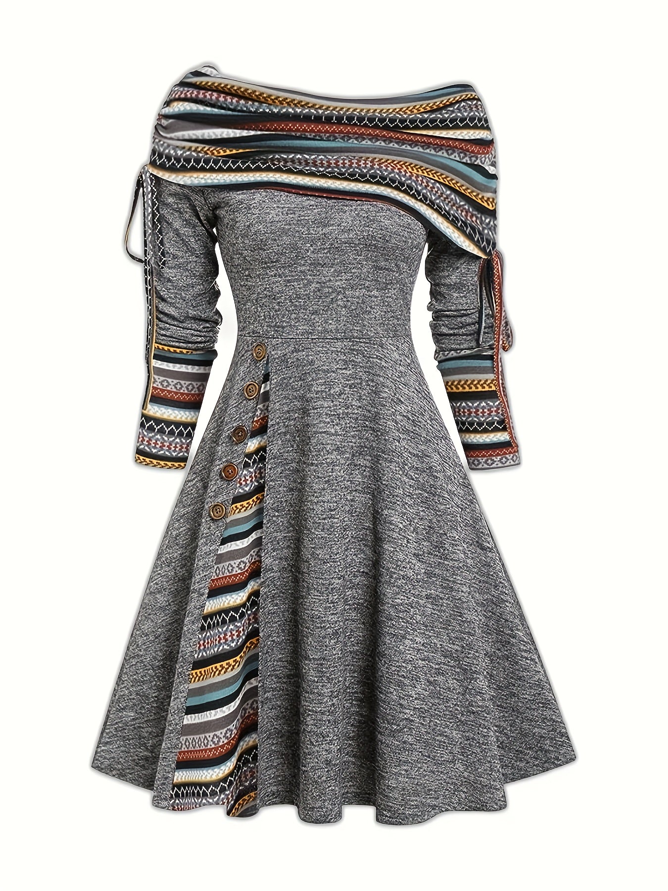 Antmvs Ethnic Print Drawstring Aline Dress, Vintage Off Shoulder Button Decor Dress For Spring & Fall, Women's Clothing