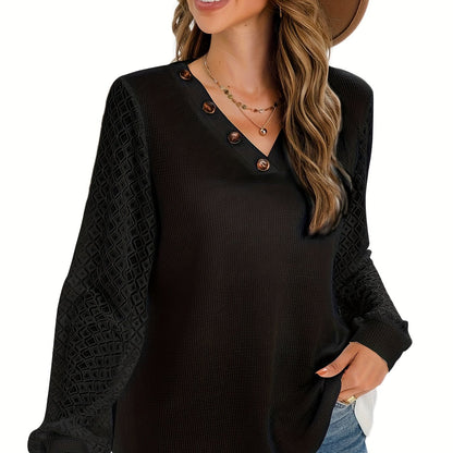 Antmvs Plus Size Casual Knit Top, Women's Plus Solid Contrast Lace V Neck Button Decor Long Sleeve Slight Stretch Sweater