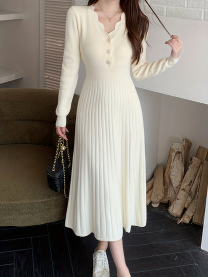 Antmvs Ribbed Button Front Dress, Elegant Solid Long Sleeve Midi Dress, Women's Clothing