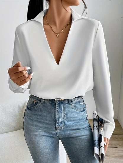 Antmvs Simple Solid Blouse, Casual V Neck Long Sleeve Versatile Blouse, Women's Clothing