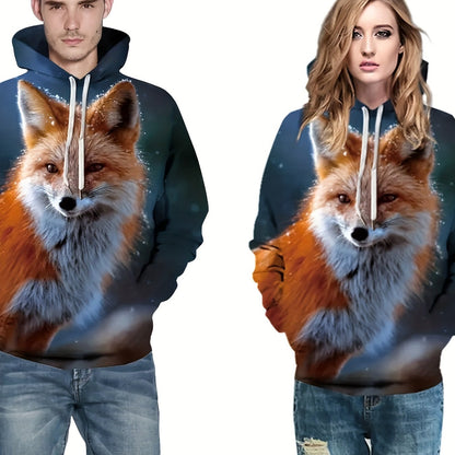 Plus Size Men & Women's 3D Fox Graphic Print Hooded Sweatshirt For Spring Fall Winter, Men's Clothing