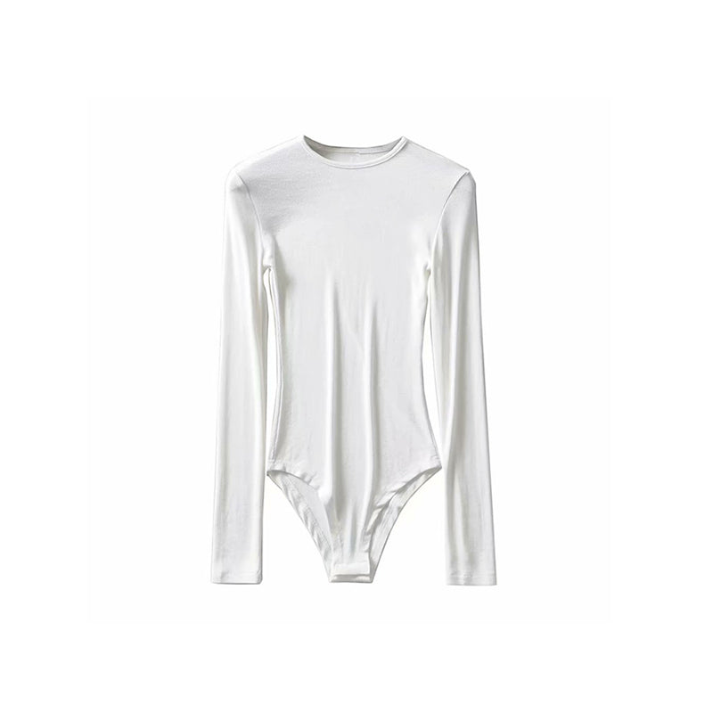 Antmvs Willy Solid Color Ribbed Round Neck Slim Long Sleeve Cropped Bodysuit Top