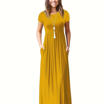 Antmvs Pleated Maxi Dress, Casual Crew Neck Short Sleeve Dress With Pockets, Women's Clothing