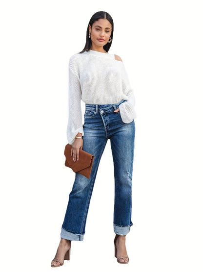 Antmvs Plus Size Casual Jeans, Women's Plus Solid Ripped Raw Trim Button Fly Irregular High Rise High Stretch Roll Up Jeans