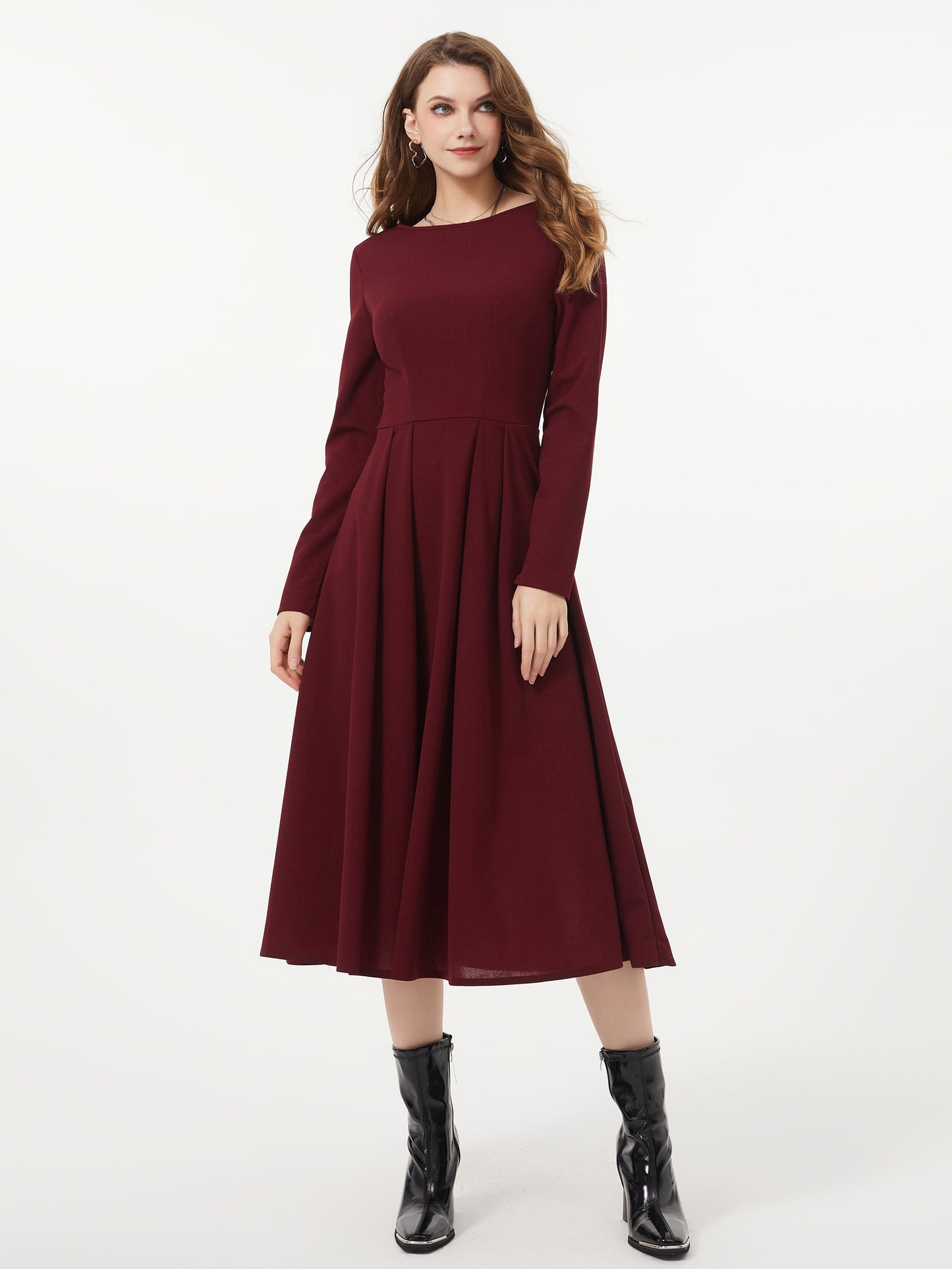 Antmvs Solid Color Crew Neck Dress, Elegant Long Sleeve Pleated Dress, Women's Clothing