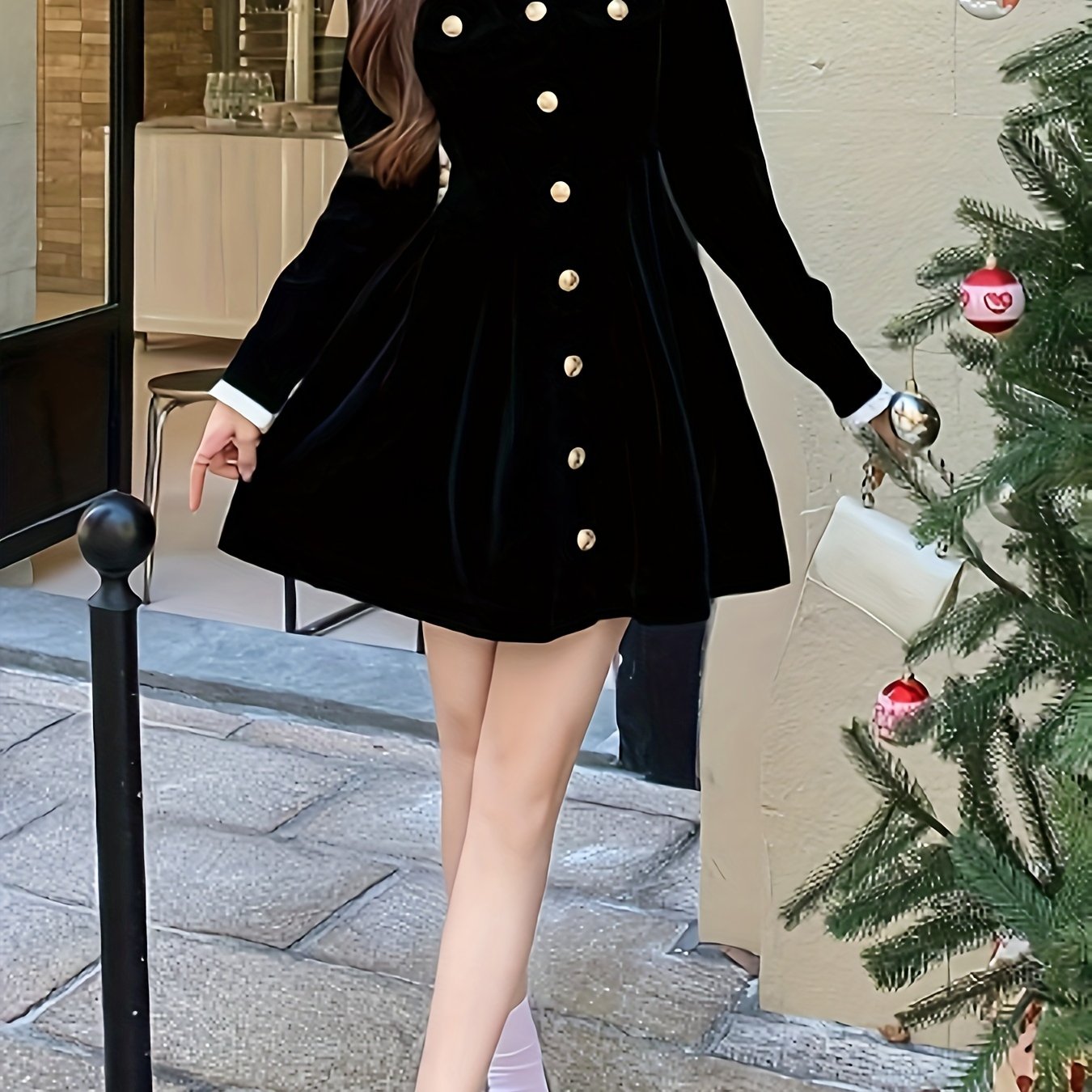 Antmvs Solid Button Front Waist Velvet Dress, Elegant Long Sleeve Frill Trim Dress, Women's Clothing