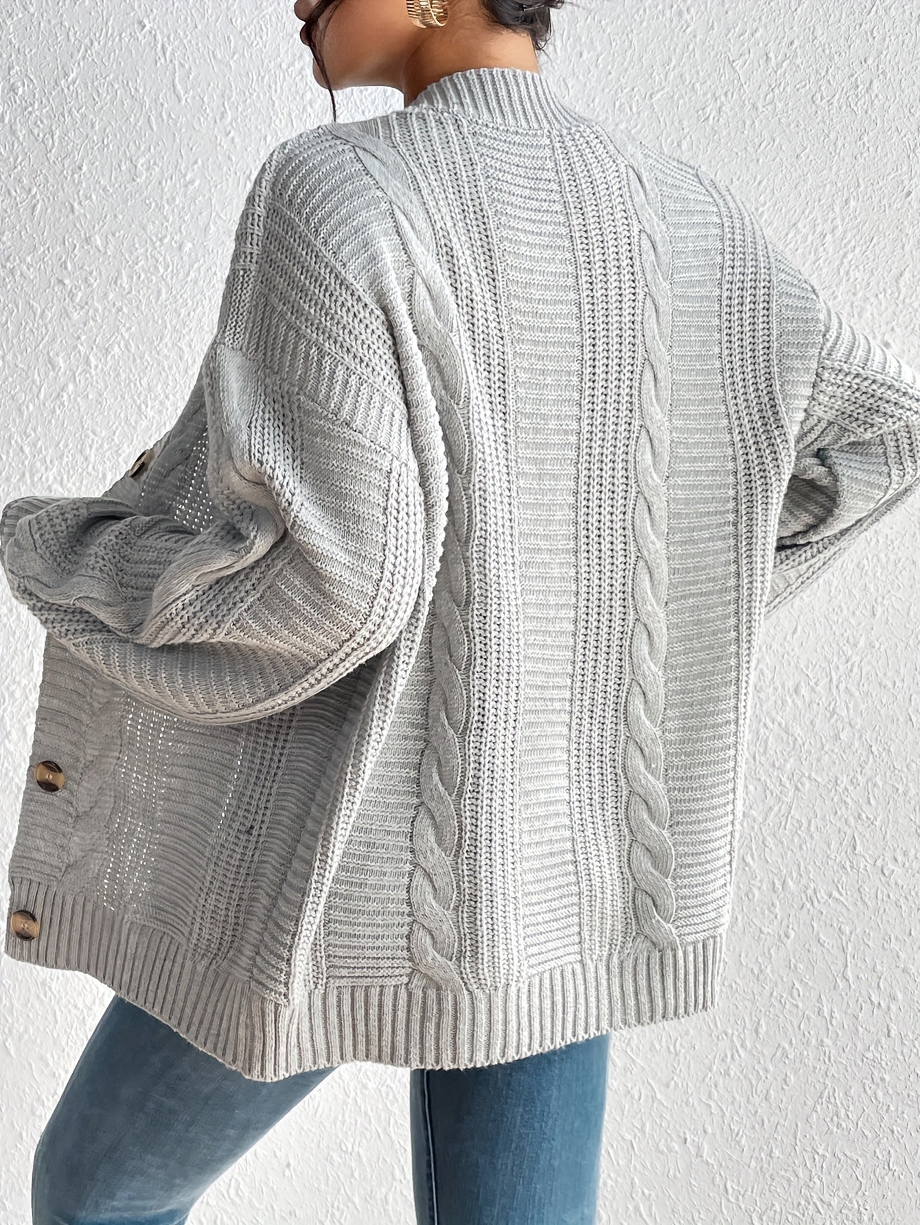 Antmvs Solid Button Down Cable Knit Cardigan, Casual Long Sleeve Drop Shoulder Sweater, Women's Clothing