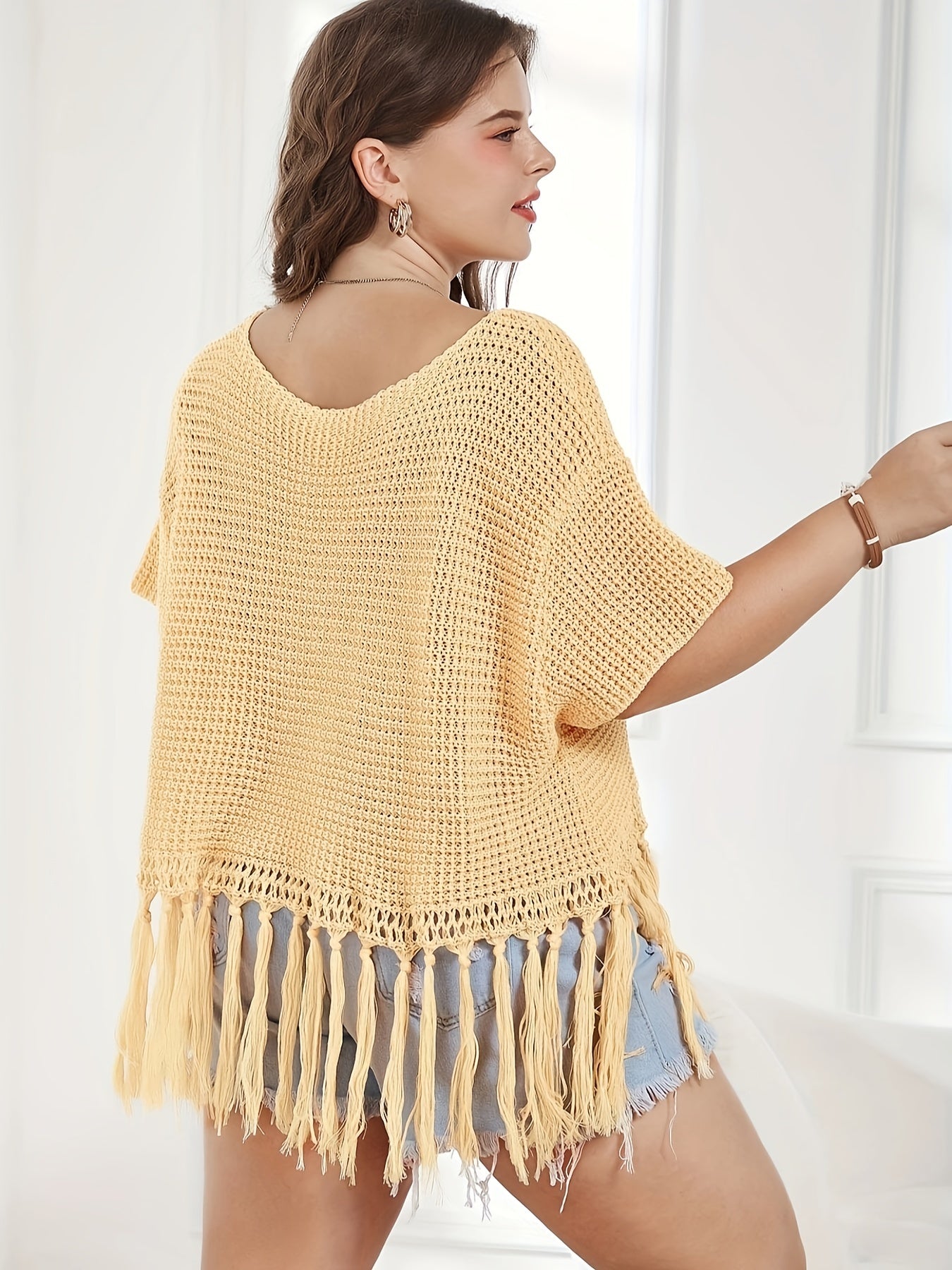 Antmvs Plus Size Vacay Sweater, Women's Plus Solid Waffle Crochet Tassel Trim Short Sleeve Crop Top