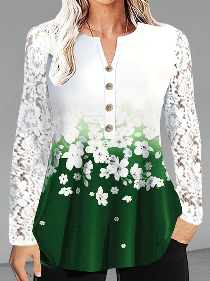 Plus Size Floral Delight Blouse - Lace Trimmed V Neck, Flowy Long Sleeves - Perfect Spring Fashion for Women