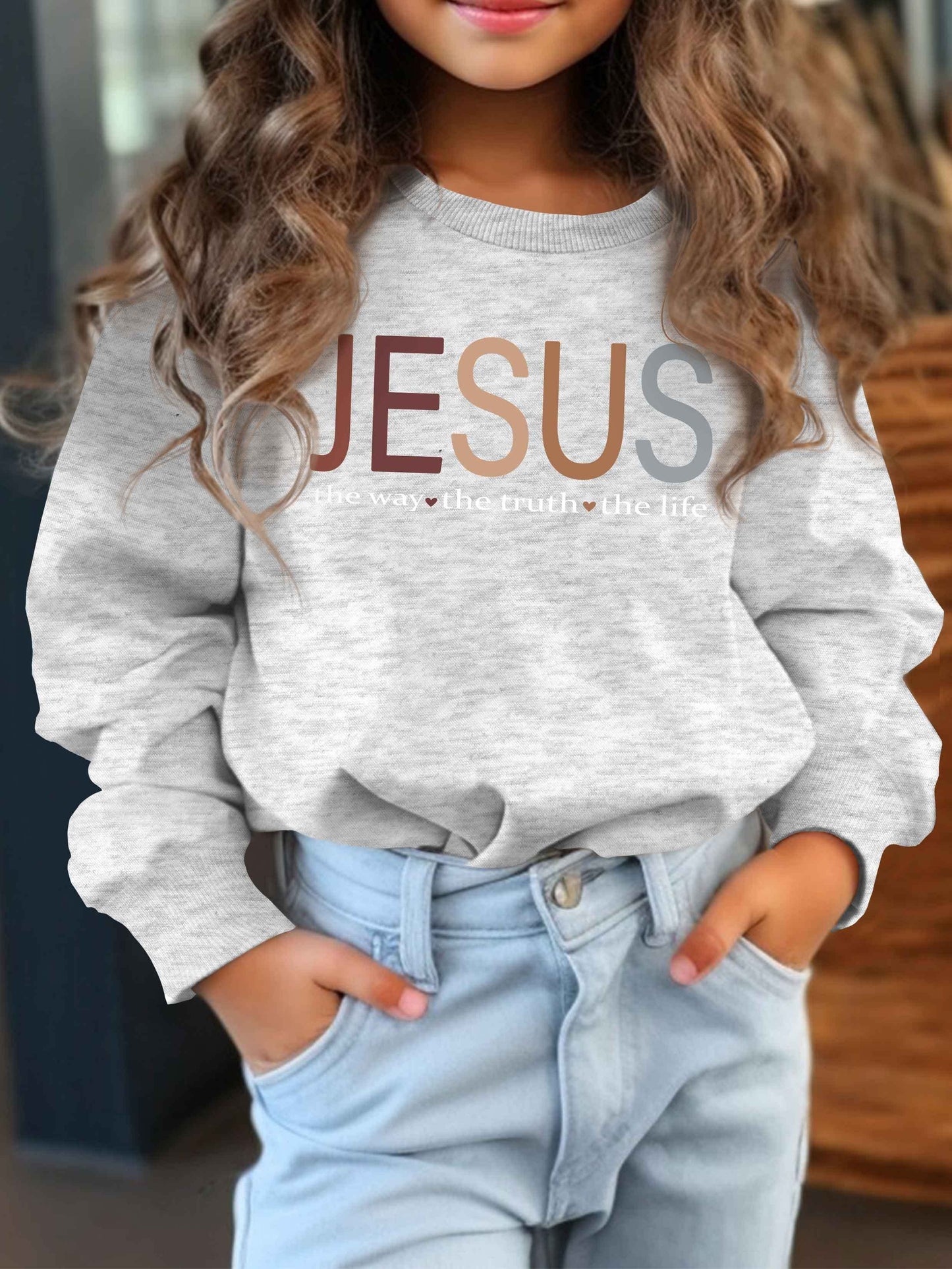 Vibrant Jesus Graphic Sweatshirt - Soft Crew Neck, Casual Sporty Style, Outdoor Wear, Gift Idea for Girls, Kids' Clothing, Relaxed Fit, Comfortable Fabric