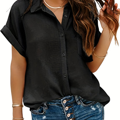 Antmvs  Solid Button Front Shirt, Casual Turn Down Collar Short Sleeve Shirts, Women's Clothing