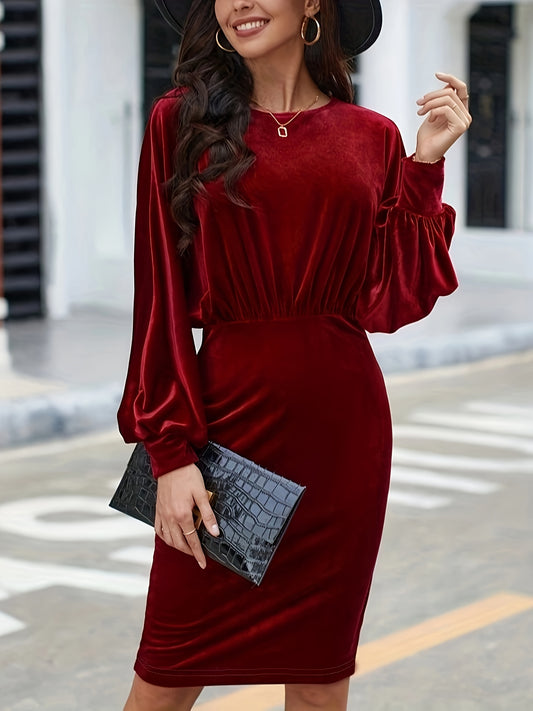 Antmvs Solid Cinched Waist Velvet Dress, Elegant Lantern Sleeve Bodycon Dress For Fall & Winter, Women's Clothing