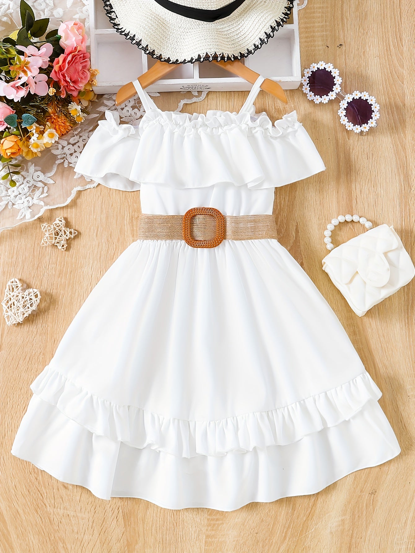 Charming Girls Solid Ruffle Trim Dress - Fashionable Belted Waist for Summer Parties & Holidays - Premium Quality, Comfortable, Ideal Gift