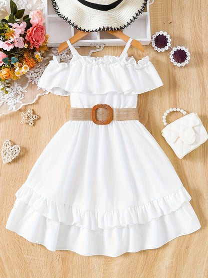 Charming Girls Solid Ruffle Trim Dress - Fashionable Belted Waist for Summer Parties & Holidays - Premium Quality, Comfortable, Ideal Gift