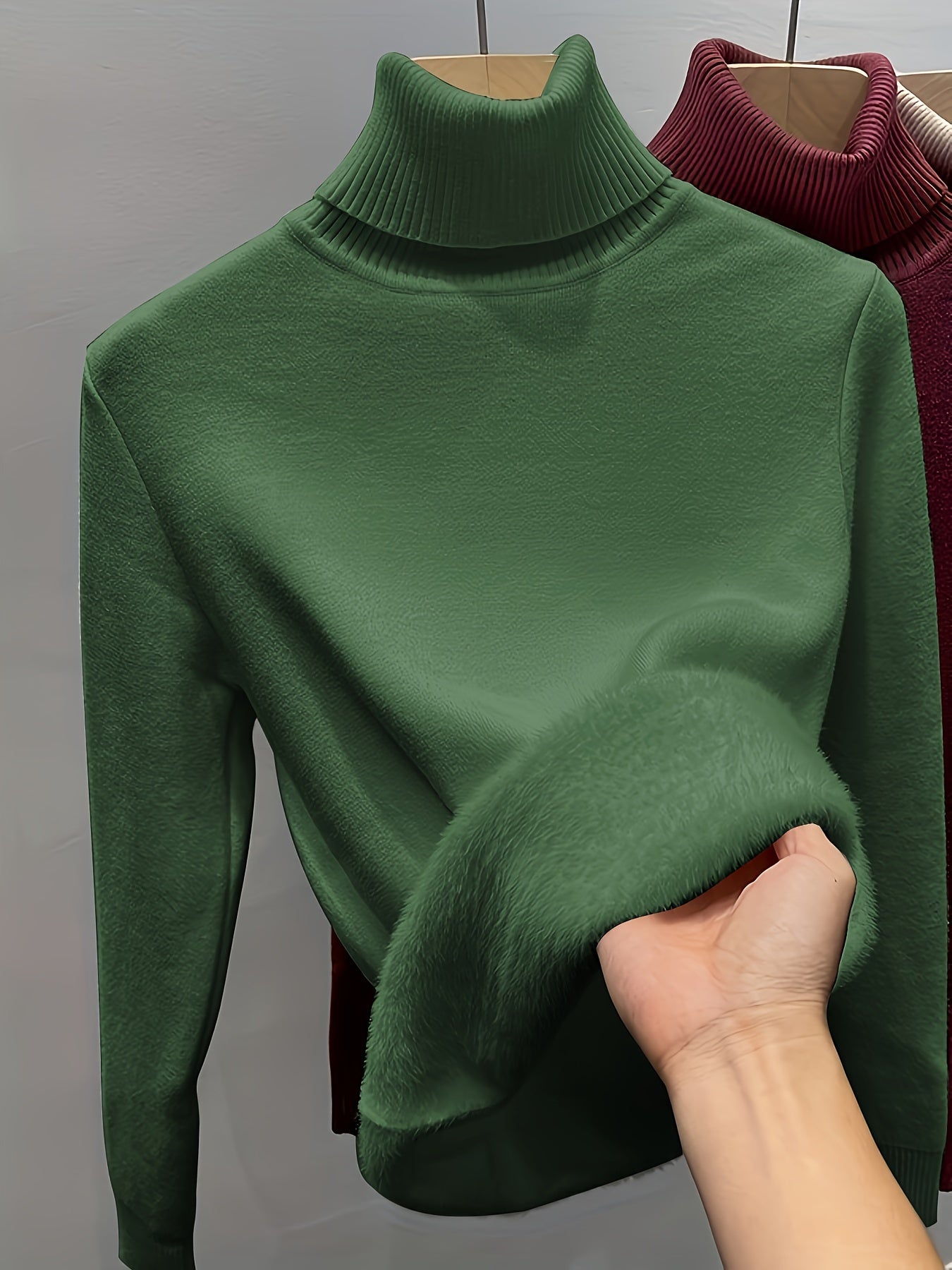 Antmvs Solid Turtle Neck Fleece Pullover Sweater, Elegant Long Sleeve Slim Thermal Sweater, Women's Clothing