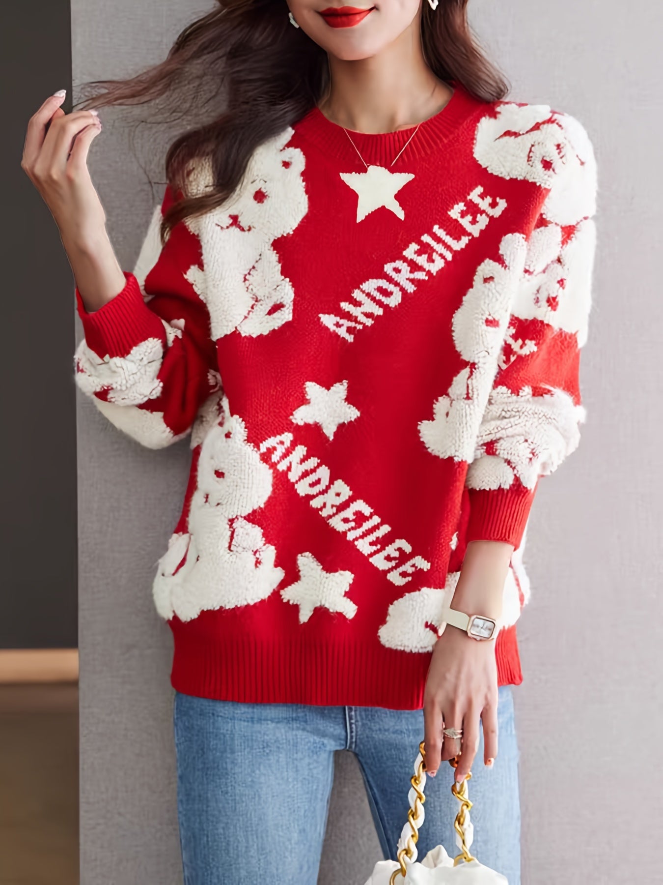 Antmvs Cartoon Dragon Pattern Pullover Sweater, Casual Crew Neck Long Sleeve Thick Sweater, Women's Clothing