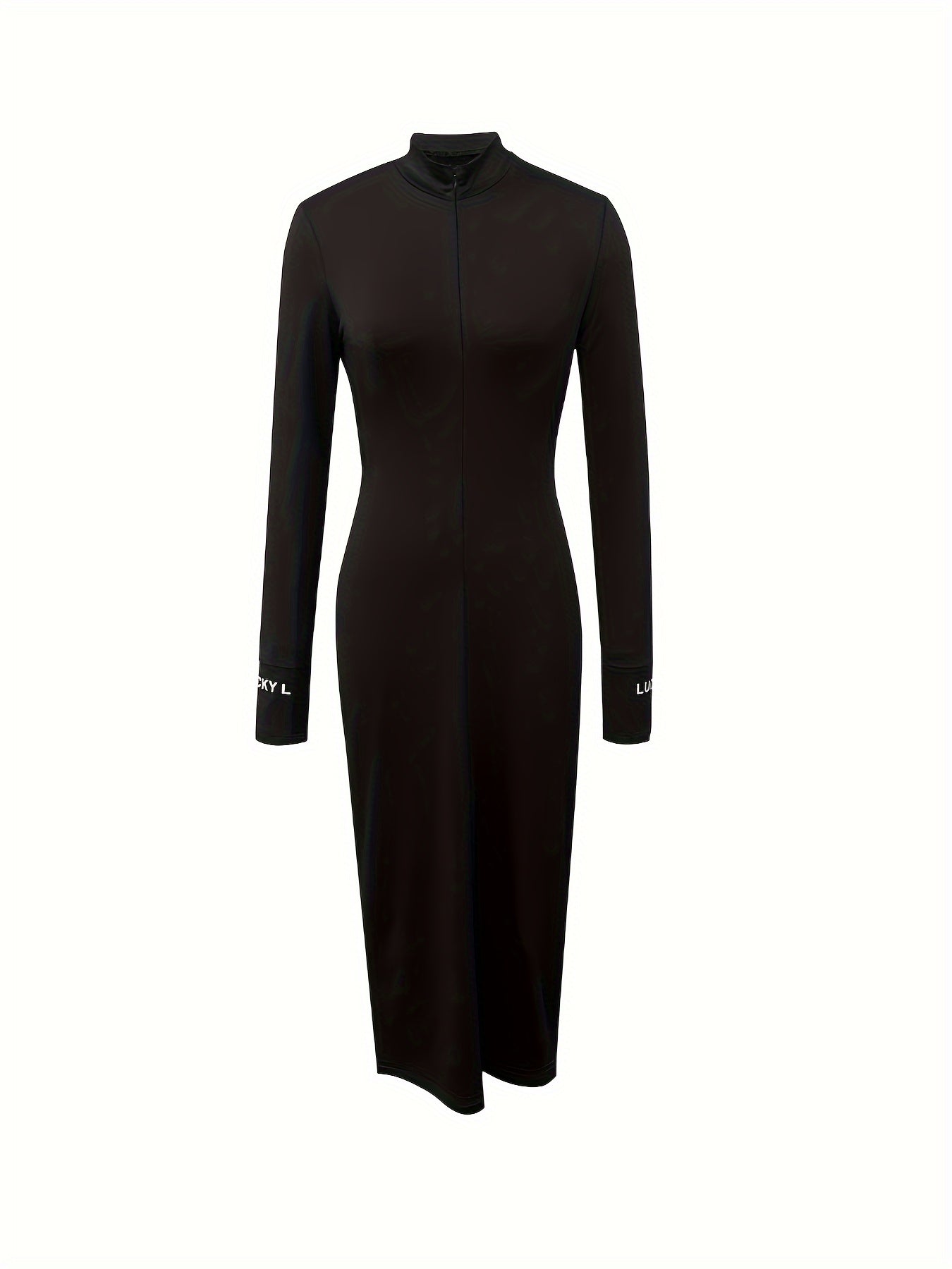 Antmvs Letter Pattern Bodycon Dress, Elegant Long Sleeve Midi Dress, Women's Clothing